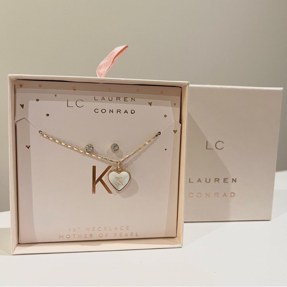 Lauren Conrad ‘K’ initial ‘Mother of Pearl’ necklace and earring set gold/pearl